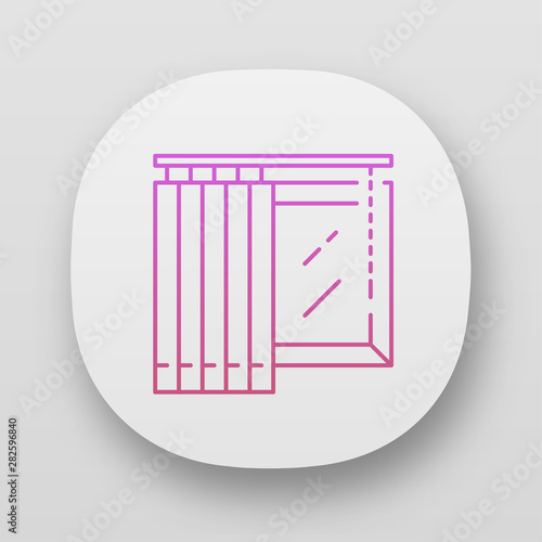 Vertical blinds app icon. Office window covering. Home interior design. Room darkening decoration. Window treatments. UI/UX user interface. Web or mobile applications. Vector isolated illustrations
