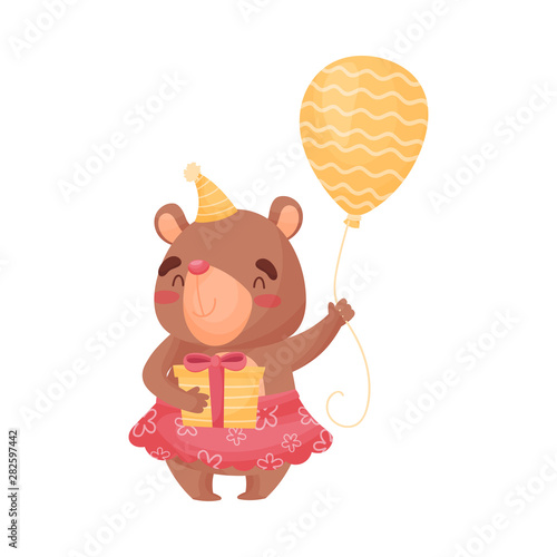 Little bear in a skirt holds a balloon and a gift. Vector illustration on white background.