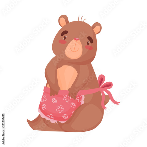 Humanized mommy bear housewife sits. Vector illustration on white background.