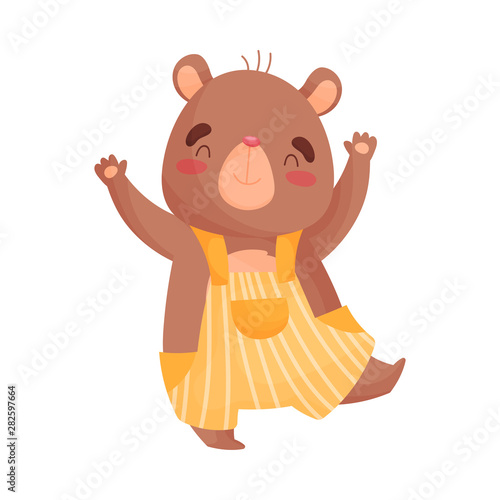 Humanized little bear is standing on one leg. Vector illustration on white background.