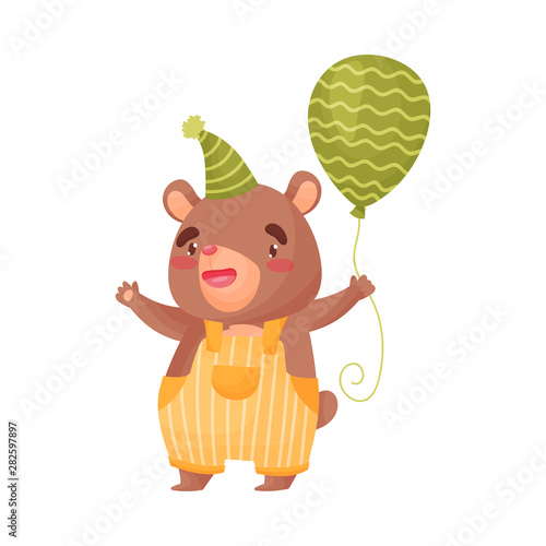 Cute little bear holding a balloon. Vector illustration on white background.