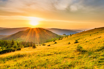 Acrylglasbilder Orange Sunset in the mountains with forest, green grass and big shining sun on dramatic sky  © Pavlo Vakhrushev