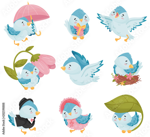 Cartoon blue birds in different situations. Vector illustration on white background.