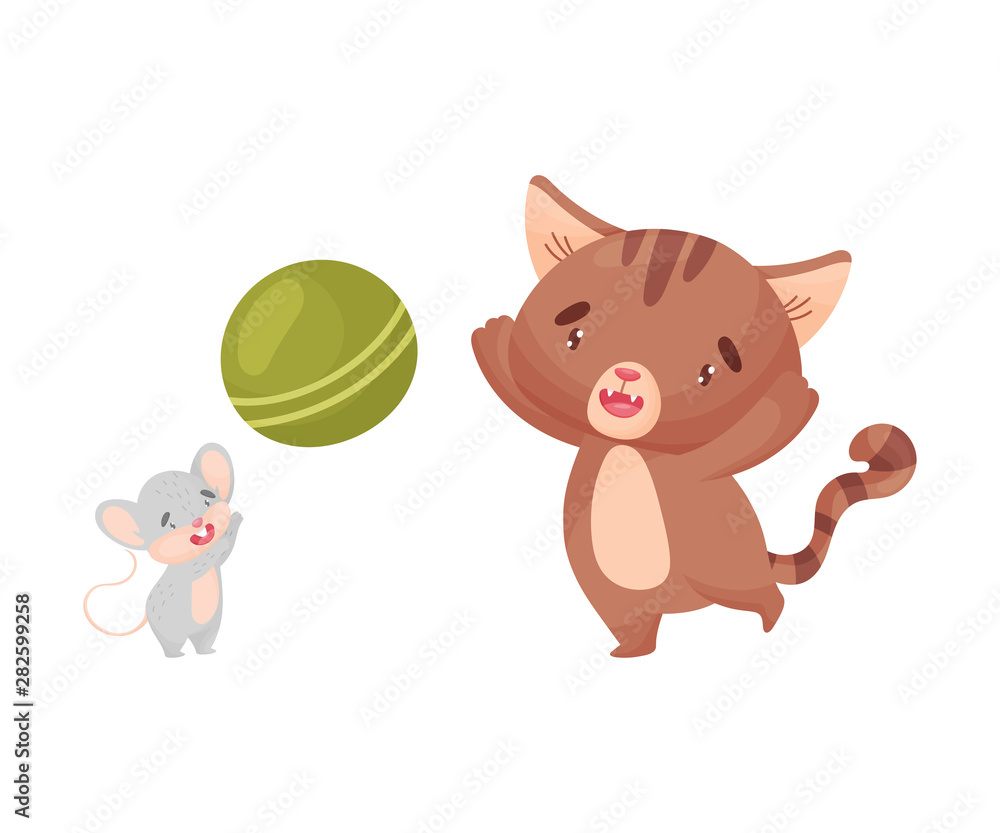 Obraz premium Cartoon mouse and cat play ball. Vector illustration on white background.