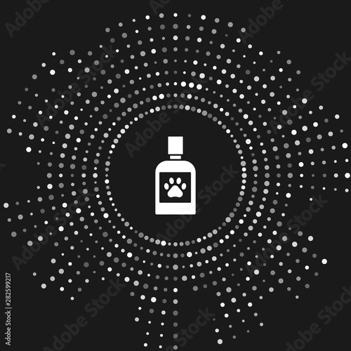 White Dog medicine bottle icon isolated on grey background. Container with pills. Prescription medicine for animal. Abstract circle random dots. Vector Illustration