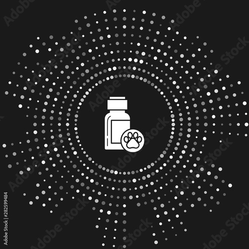 White Dog medicine bottle icon isolated on grey background. Container with pills. Prescription medicine for animal. Abstract circle random dots. Vector Illustration