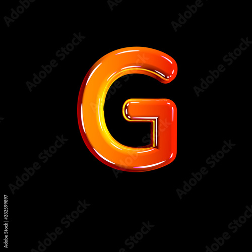 Red glossy plastic alphabet - letter G isolated on black, 3D illustration of symbols