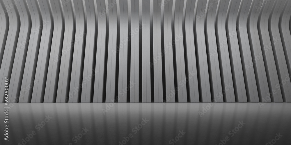 Abstract of concrete space with sun light cast shadow on the surface,Smooth rhythm structure design,Perspective of brutalism  architecture,3d rendering	