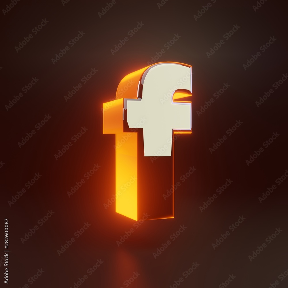 Obraz premium 3d letter F lowercase. Glowing glossy metallic font with orange lights isolated on black background.