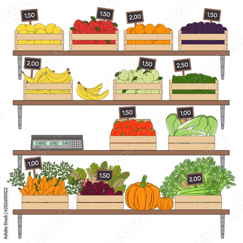 Set of vegetables and fruits in the boxes