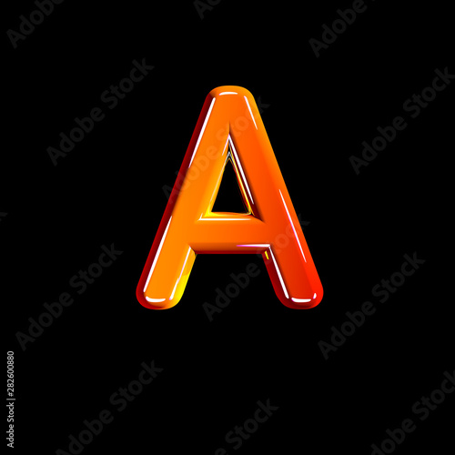 letter A of plastic orange glossy alphabet isolated on black background - 3D illustration of symbols