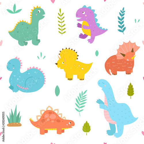 Cute seamless pattern with dinosaurs. Vector background with funny animals for children and kids