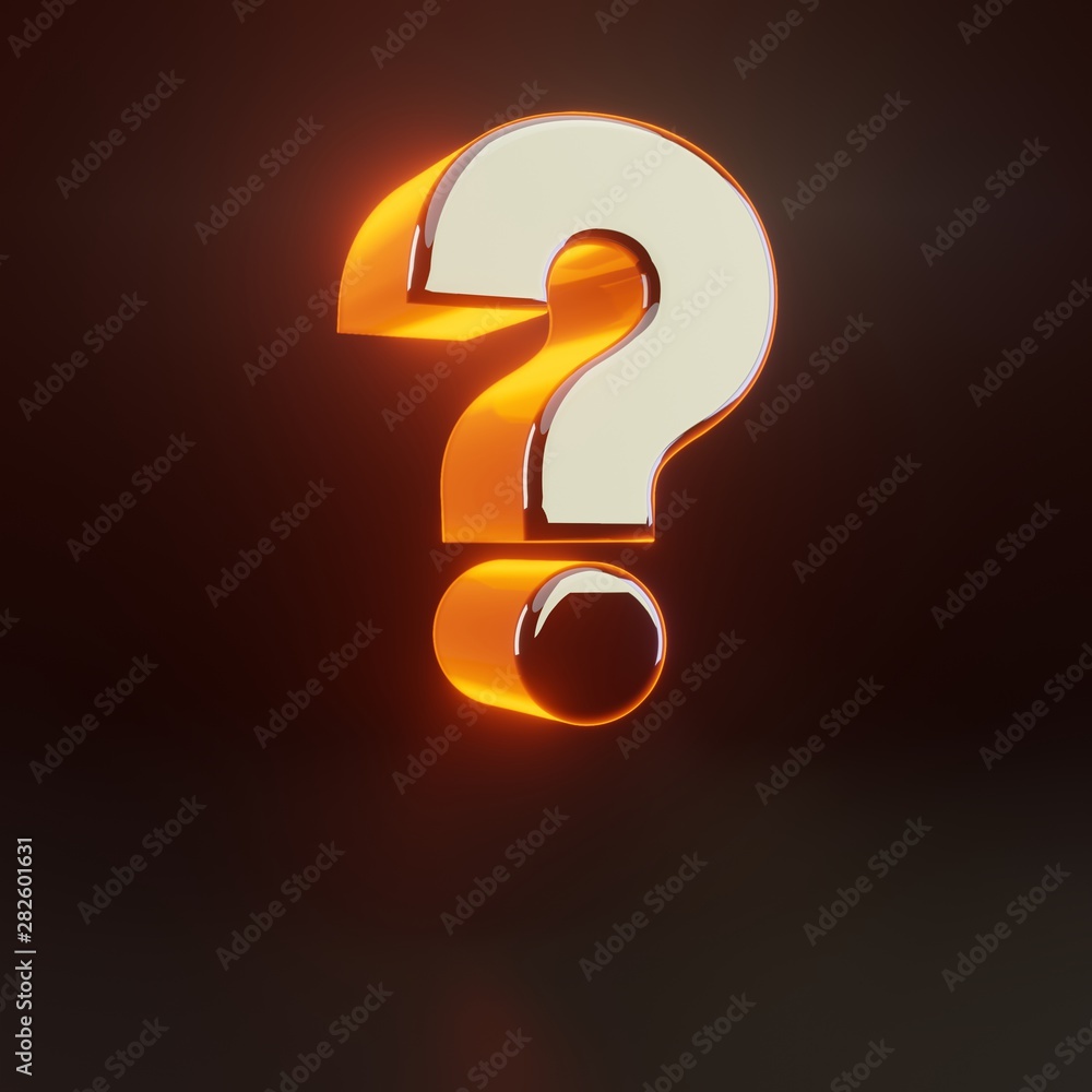 3d question symbol. Glowing glossy metallic font with orange lights isolated on black background. 3d question symbol. Glowing glossy metallic font with orange lights isolated on black background.
