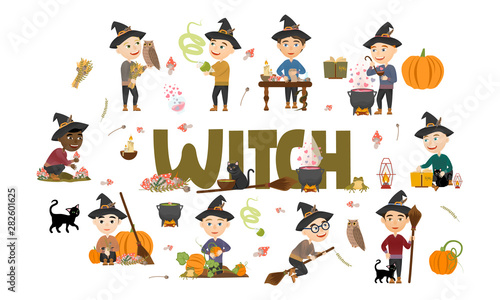 Cute witch boy set. Wizards in black hats and warm sweaters gather mushrooms and herbs, brew potions, fly on a broomstick and make magic. Vector illustration