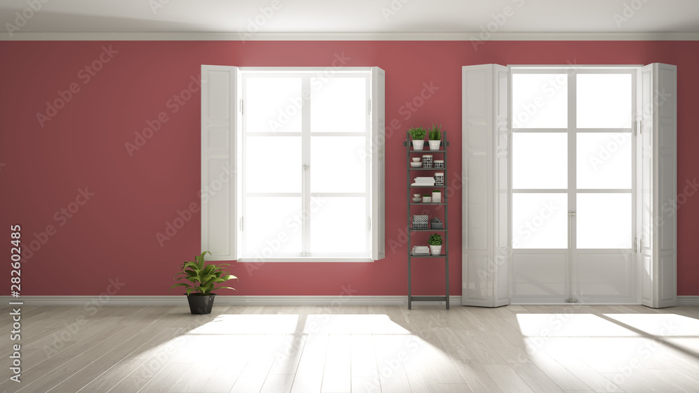 Fototapeta premium Stylish empty room with panoramic windows, parquet wooden floor, classic shutters, potted plants and decors. Red background with copy space, interior design concept idea