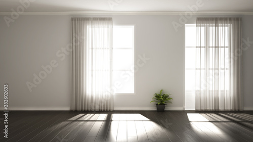 Stylish empty room with panoramic windows, parquet wooden floor, classic shutters, potted plants and decors. White background with copy space, interior design concept idea