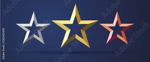 Golden, silver and bronze stars rating realistic 3D icon. Quality sign template, rank star facet symbols on dark background. Vector illustration