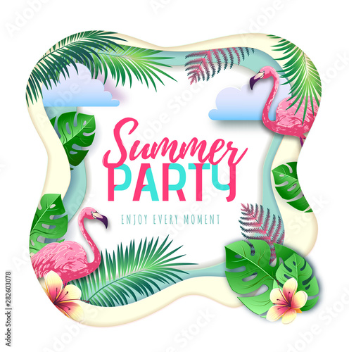 Summer party typography poster with flamingo and tropic leaves. Cut out paper art style design