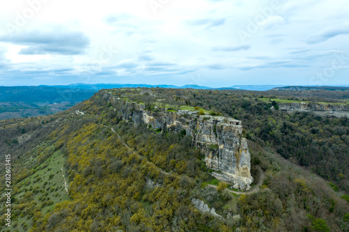 Panoramic aerial view of cave city Mangup-Kale, near the city of Bakhchisarai, Crimea