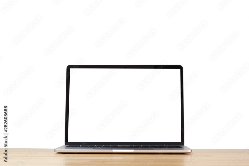 Laptop computer blank screen on wood table. Laptop computer blank screen on wood table.