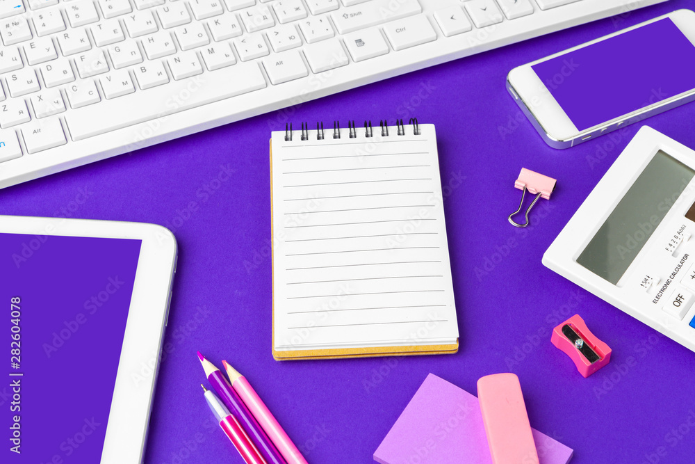 Back to school concept. School and office supplies on office table Back to school concept. School and office supplies on office table