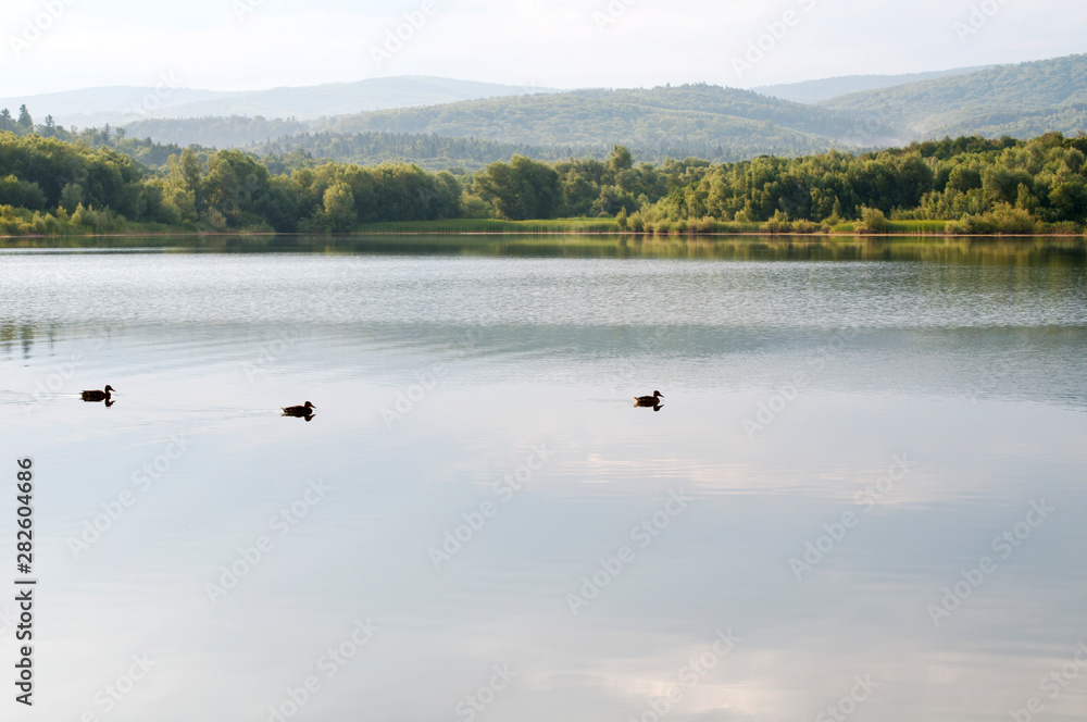 beautiful summer lake against the background of high mountains and blue sky beautiful summer lake against the background of high mountains and blue sky
