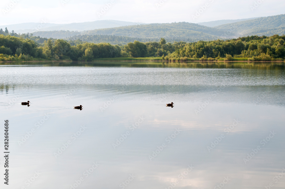 beautiful summer lake against the background of high mountains and blue sky