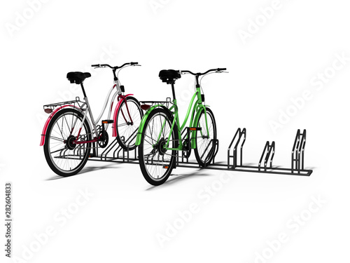 Bicycle parking with two bicycles parked 3d render on white background with shadow