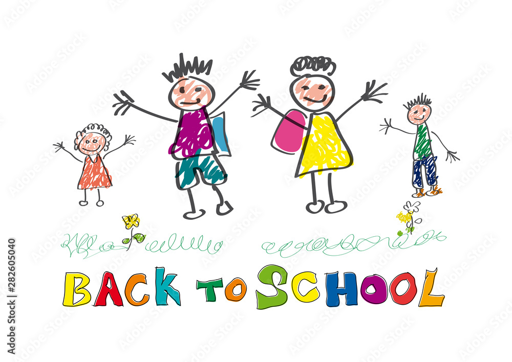 Back to school. Children in front of the school. Vector drawing made by a child. Back to school. Children in front of the school. Vector drawing made by a child.