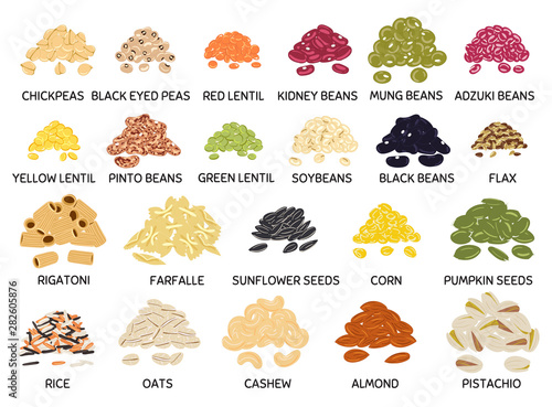 Set of hand drawn handful of beans, legumes, seeds and nuts