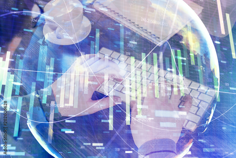 Double exposure of businessman working on laptop on background. International business hologram in front. Concept of success. Double exposure of businessman working on laptop on background. International business hologram in front. Concept of success.
