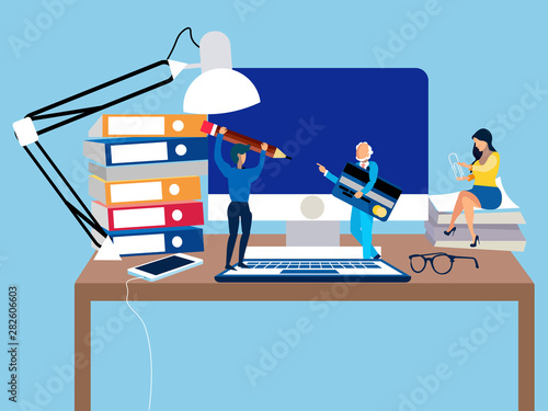 The working environment on the table, the office staff is small in size. In minimalist style. Cartoon flat vector