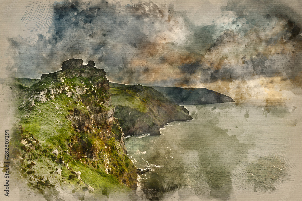 Digital watercolour painting of Beautiful evening sunset landscape image of Valley of The Rocks in Devon England