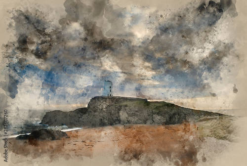Digital watercolour painting of Stunning Twr Mawr lighthouse landscape from beach with dramatic sky and cloud formations