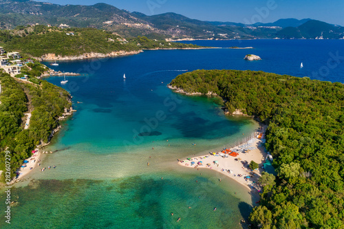 Aerial drone bird's eye view of Bella Vraka Beach with turquoise sea in complex islands in Sivota area, Ionian sea, Epirus, Greece