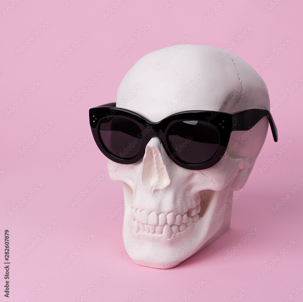 Skull in sunglasses on pastel pink background. Skull in sunglasses on pastel pink background.