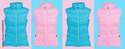Women's pink and blue vest with zipper on a colored background.