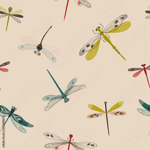 Folk Art Seamless Pattern With Dragonflies.