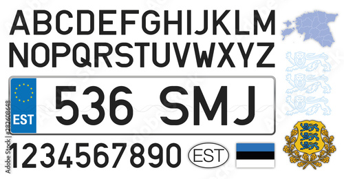 Estonia car license plate, letters, numbers and symbols, vector illustration, European Union