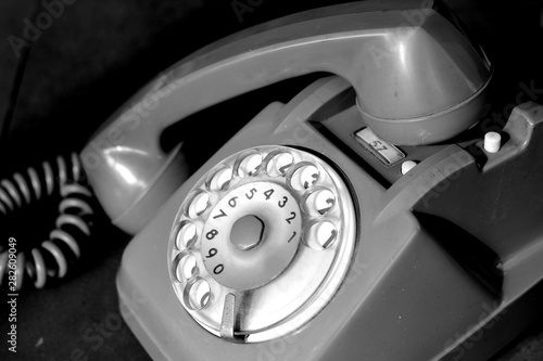 Old telephone 70s with rotary dial, Black and white