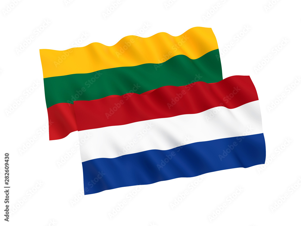 National fabric flags of Netherlands and Lithuania isolated on white background. 3d rendering illustration. Proportion 1:2 National fabric flags of Netherlands and Lithuania isolated on white background. 3d rendering illustration. Proportion 1:2