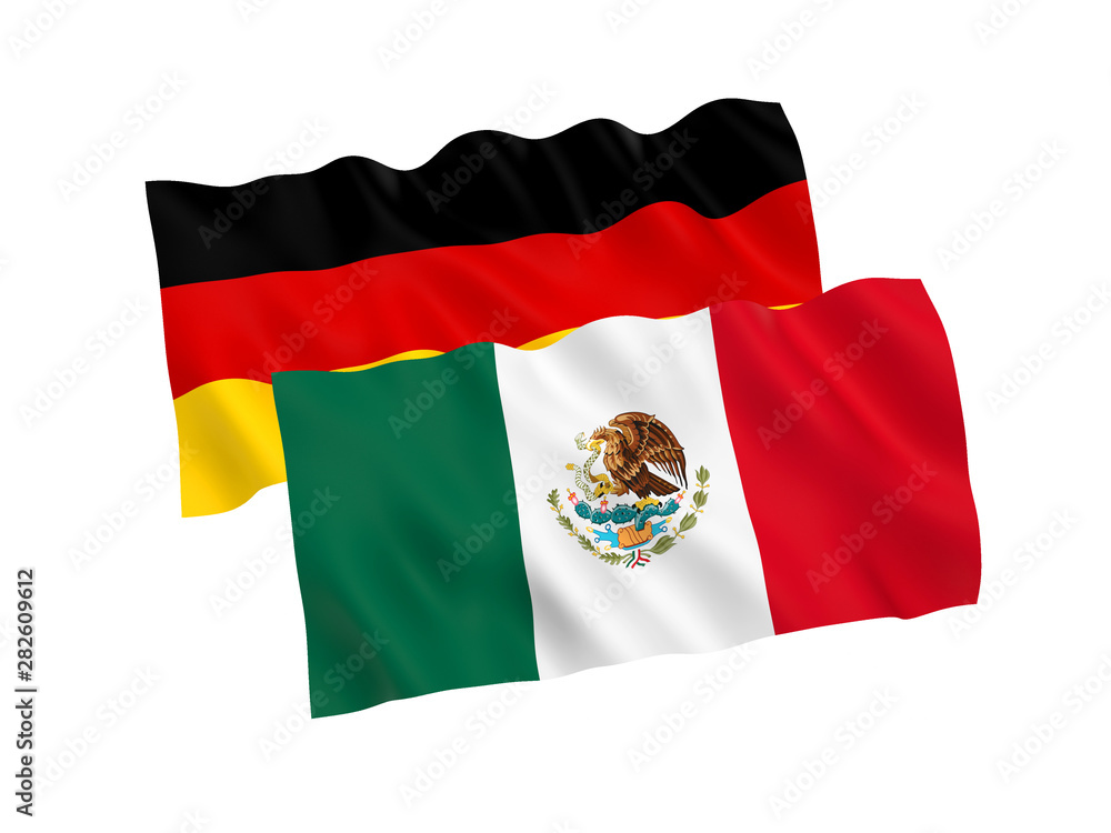 National fabric flags of Germany and Mexico isolated on white background. 3d rendering illustration. 1 to 2 proportion. National fabric flags of Germany and Mexico isolated on white background. 3d rendering illustration. 1 to 2 proportion.