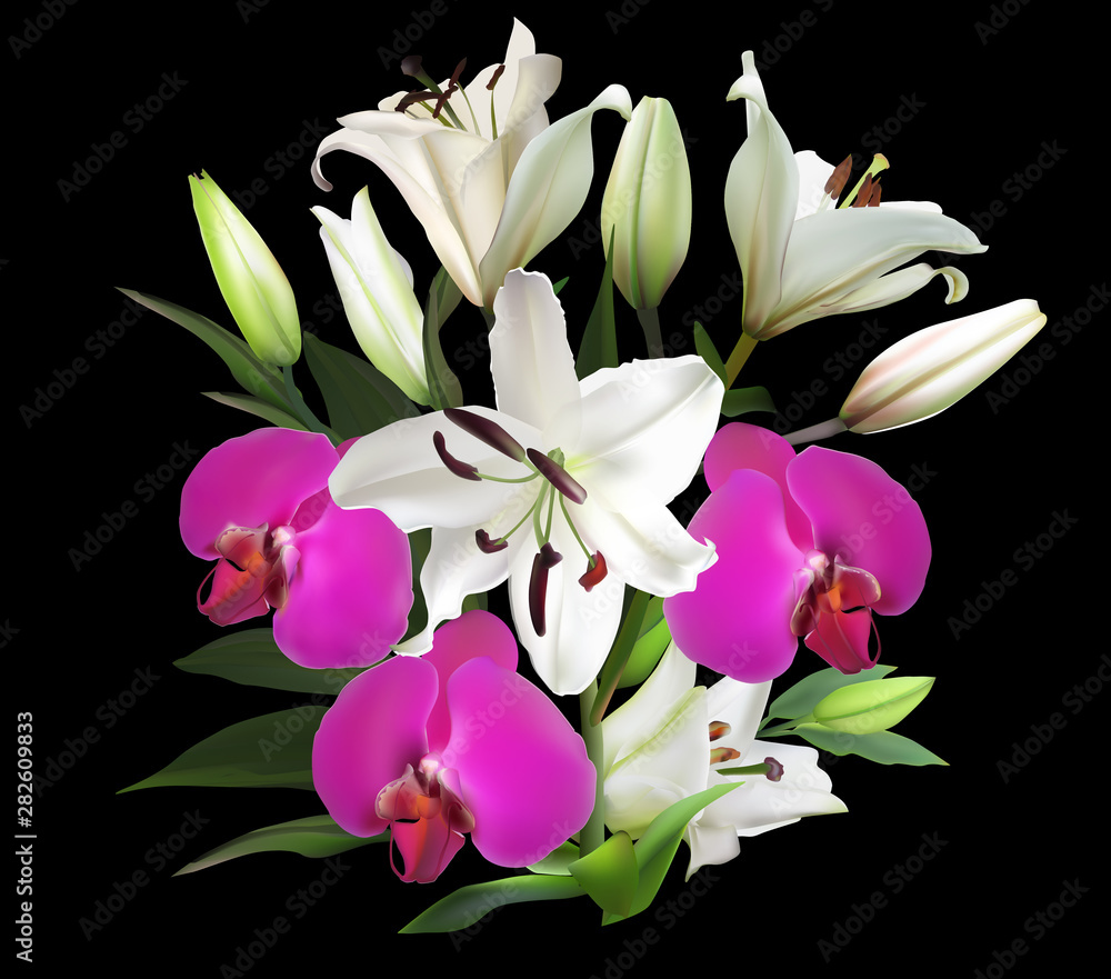 lily and orchid flowers bunch isolated on black