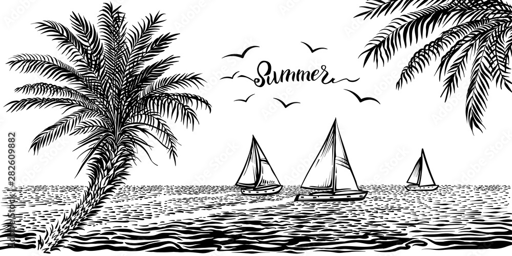 Sea or ocean tropical view with sailboats and palms. Vector panoramic beach drawing. Sea or ocean tropical view with sailboats and palms. Vector panoramic beach drawing.