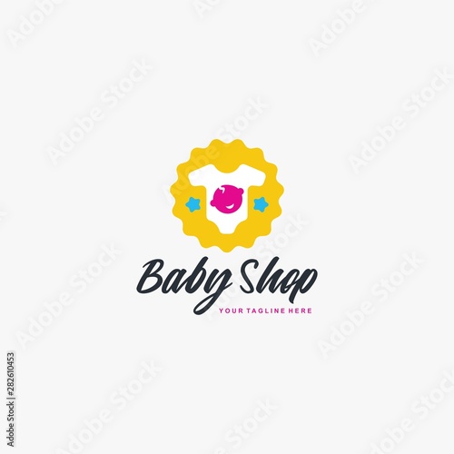 Baby shop logo design vector. Kids store illustration symbol. Toys shop logo sign. Children  baby  cloth  baby basket vector icons. Full colors sign.