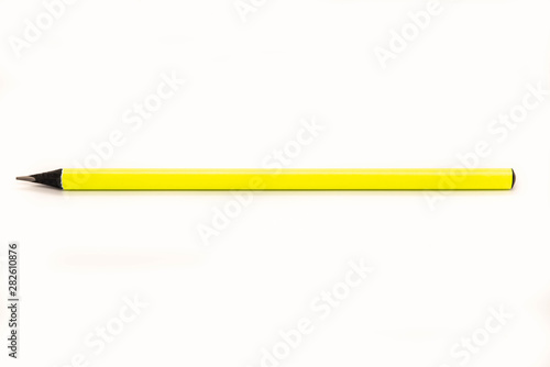 Brightly yellow blackly graphite pencil on a white background.