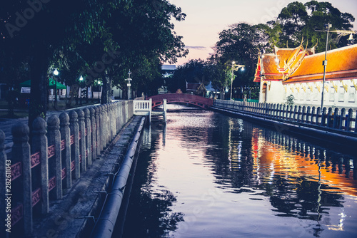 River channel near a park and age-old buddhist temple.