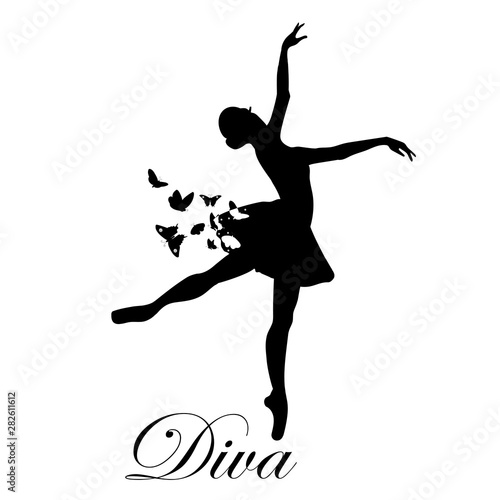 Diva-slogan for t-shirts, textiles, wall design and business cards.  Beautiful ballerina with butterflies and crystals. Dance move. Vector  illustration Stock Vector | Adobe Stock