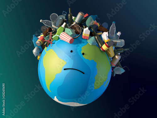 Φωτογραφία 3d illustration Sad planet Earth with a haircut in the form of garbage