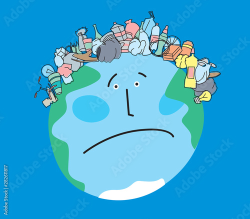 Satirical drawing of a sad planet Earth with a haircut in the form of garbage. Ecological problems. Vector full color graphics